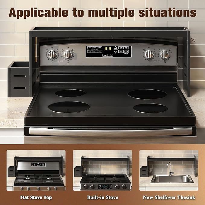 Bamboo Over the Stove Shelf 31in - Durable Stove Shelf for Back of Stove with Non-Slip EVA Liner, 6 Hooks & Utensil Holder, Spice Rack for Standard Stoves (Black)