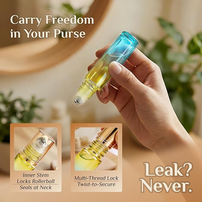 PrettyCare 24 Pack, 10 ml Essential Oil Roller Bottles with Stainless Steel Roller Ball - Refillable Leak-proof Empty Thick Blue& Yellow Glass Roll on Bottles with Golden Caps for Travel, Perfume