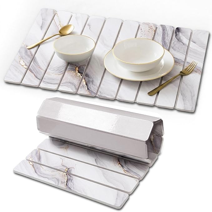 Stone Drying Mat for Kitchen Counter, Quick Diatomaceous Earth Mats for Dishes, 23.6"L x 15.7" W Super Absorbent Fast-Drying Collapsible Countertop Stone Mat (Marble White-04, 24" x 16")
