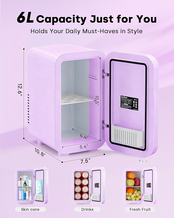 Enventor Mini Skincare Fridge Small Refrigerator for Bedroom, Beauty Fridge for Makeup with Dimmable LED Mirror, 6 L / 8 Cans Compact Portable Cooler for College Dorm, Office, Car, Purple