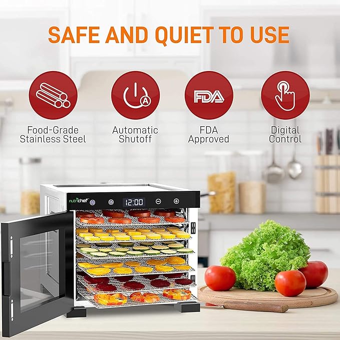 NutriChef Electric Countertop Food Dehydrator Machine - 600-Watt Premium Multi-Tier Meat Beef Jerky Maker Fruit/Vegetable Dryer w/ 6 Stainless Steel Trays, Digital Timer,Temperature Control NCDH6S , BLACK
