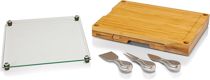 TOSCANA - a Picnic Time brand Concerto Glass Top Cheese and Knife Set - Charcuterie Set - Glass Top Cutting Board, (Bamboo)