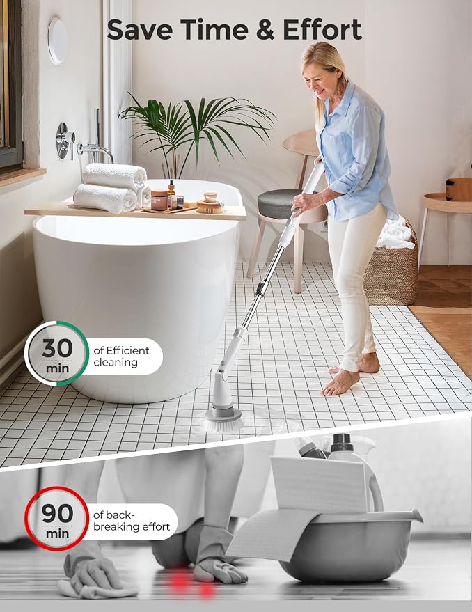 kHelfer Electric Spin Scrubber, Upgrade Electric Scrubber for Cleaning with 8 Replacement Head, 45° Adjustable Brush Head Cordless Spin Scrubber, 47" Long Handle Cleaning Supplies with for Tub Shower