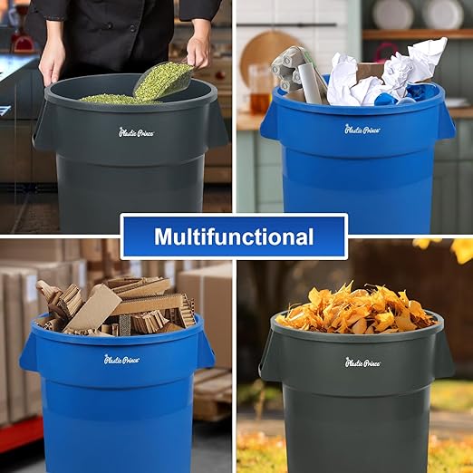 PLASTIC PRINCE 32 Gallon Round Trash Can Container with Lid Blue Plastic Commercial Garbage Bin for Home Garage Restaurants Warehouses