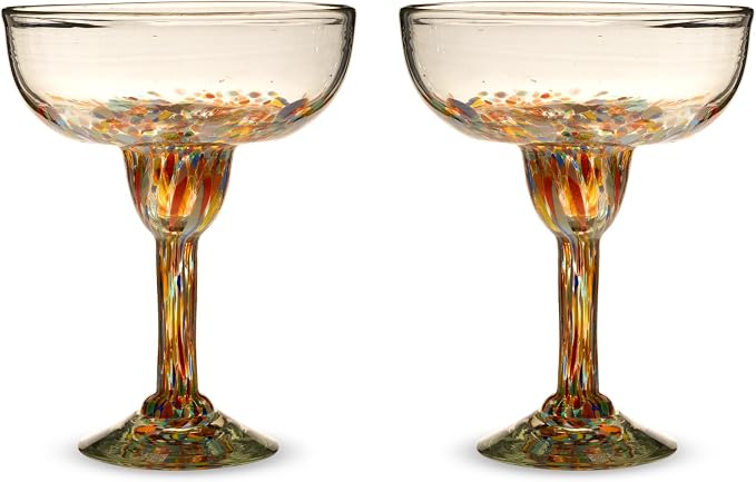 Twine Segunda Vida Artistico Margarita Bar Glasses, Mexican Margarita Glasses Margarita Set Home Cocktail Bar Gifts, 100% Recycled Glass, Multicolor 10oz Set of 2