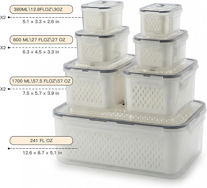 Produce Storage Containers Set with Drain Basket & Lid – Stackable Fridge Organizer Bins for Refrigerator – Fruit & Vegetable Storage Keeper, Berry Container, Lettuce Storage Box (6 Sizes) (7)