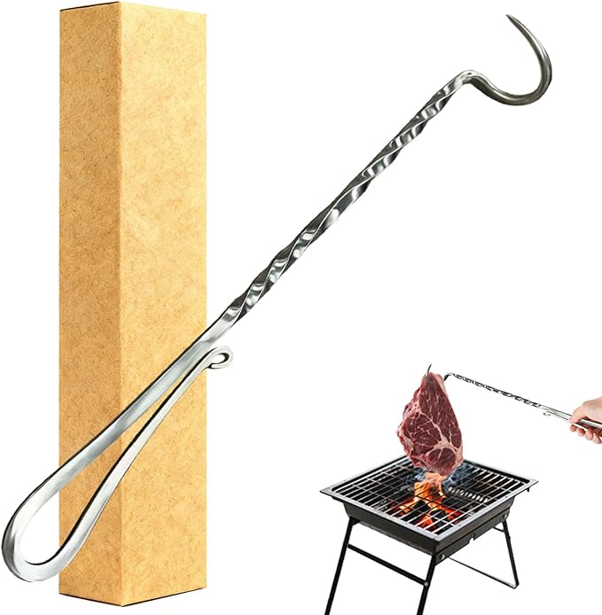 Meat Flipper, Grill Hooks for Turning, Heavy Duty Stainless Steel BBQ Turner Hooks with Long Handle for Flipping Ribs, Pork Shoulder, Roast on Smoker Grilling (Left Hand - B)