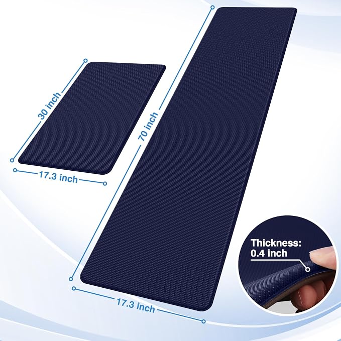 StepRite Kitchen Mats, 2PCS Kitchen Rugs, Cushioned Anti Fatigue Kitchen Mats for Floor, Non-Slip Standing Desk Mat, Waterproof Kitchen Rug Set for Kitchen, Floor, Office, 17.3"x30"+17.3"x70", Blue
