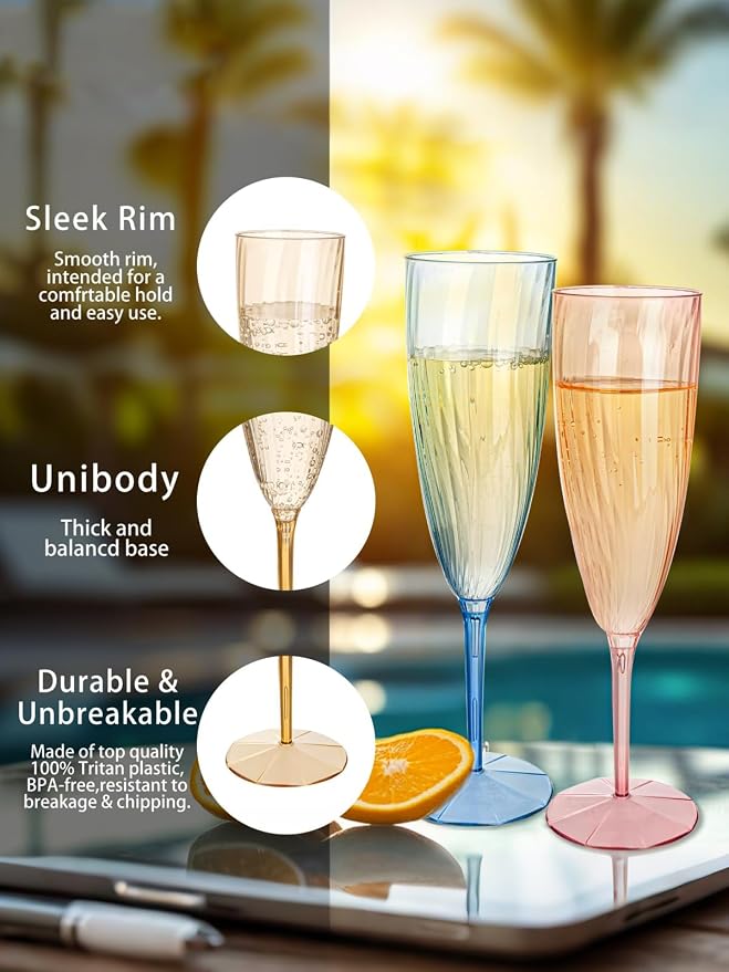 WDF 12PCS Colorful Plastic Champagne Flutes - 6 OZ Colorful Disposable Champagne Flutes - Perfect for Wedding Parties Birthday Valentines Day (Pack of 2)