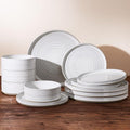 12-Piece Reactive Glaze Stoneware Dinnerware Sets for 4 - High Edge Plates and Bowls with Speckles & Spirals - Chip & Scratch Resistant Dishes, Microwave & Dishwasher Safe - White