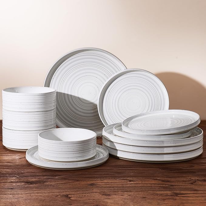 12-Piece Reactive Glaze Stoneware Dinnerware Sets for 4 - High Edge Plates and Bowls with Speckles & Spirals - Chip & Scratch Resistant Dishes, Microwave & Dishwasher Safe - White
