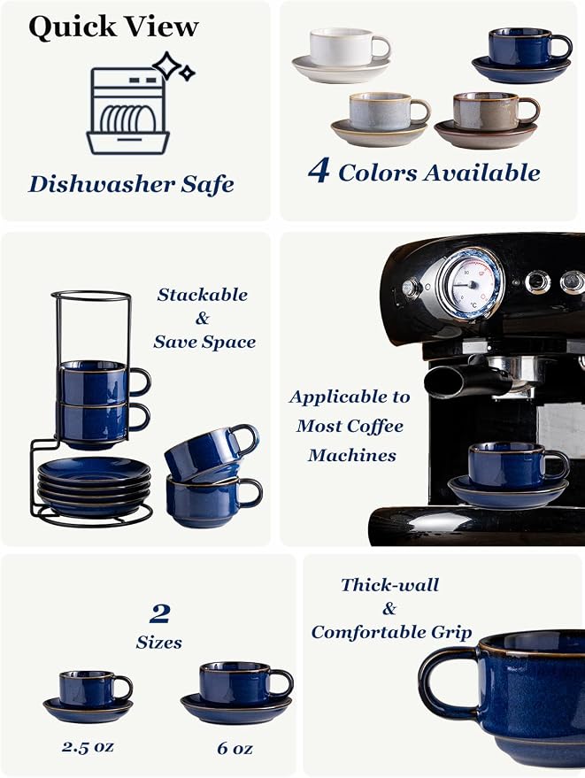 Gomakren 6 Ounce Cappuccino Cups with Saucers and Metal Stand, Stackable Coffee Cup Set of 4, Father's Day Porcelain Espresso Cups for Coffee Drinks, Cappuccino, Latte, Americano, Tea, Cobalt Blue