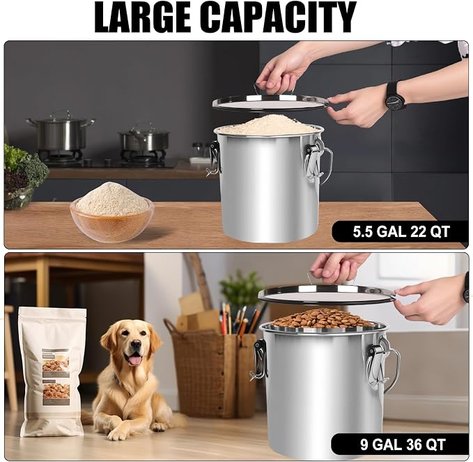 FULIYE 21L/5.6GAL and 34L/9GAL Stainless Steel Airtight Canister, Food Storage Canisters with Airtight Lid&Locking Clamp Rice Cereal Grain Canisters, Storager Bucket for Flour, Coffee Bean, Sugar