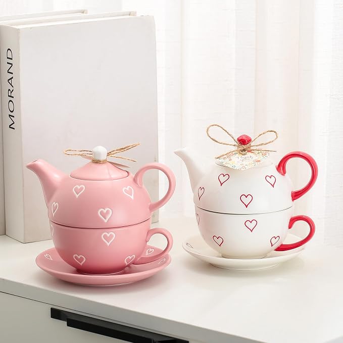Domini Teapot cup combo,Teapot and Teacup for One,Tea Cup and Saucer Set-Tea Pot Set Gift for Girl Women,Bright white