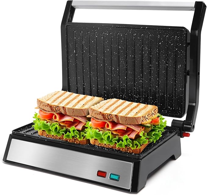 Aigostar Panini Press, Sandwich Maker Grill 1200W with Ceramic Non-stick Plates, Opens 180 Degrees for Any Size Food, Stainless Steel Surface & Removable Drip Tray, Silver