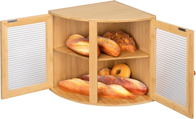 HOMEKOKO Double Layers Bamboo Corner Bread Box for Kitchen Counter, Vintage Wooden Large Capacity Bamboo Bread Food Storage Bin (Natural Bamboo)