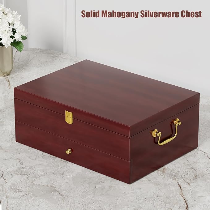 Mahogany Wood Silverware Storage Box,Silverware Case Flatware Chest with Felt Lined,Flatware Storage Box for 12 sets of Utensils（Walnut，2 Tier）