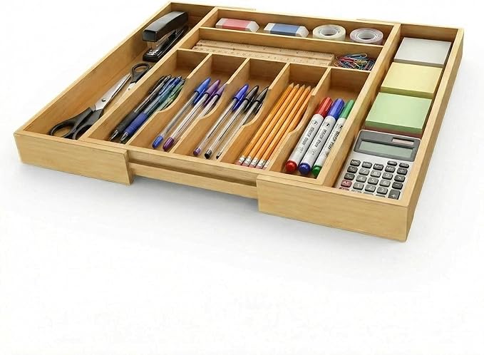 Expandable Bamboo Drawer Organizer Tray for Kitchen Utensils, Adjustable Cutlery Organizer with 7-9 Compartments, 13" to 20" Wide Wood Drawer Divider for Home