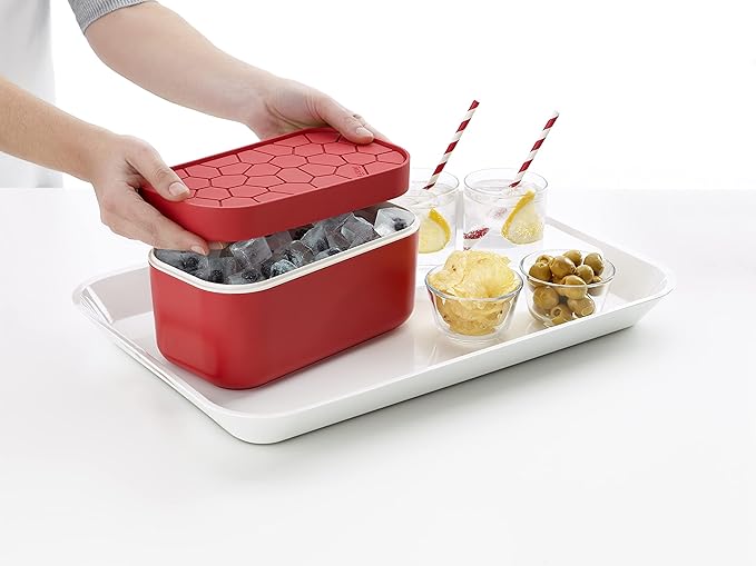Lékué Ice Box | Red | Ice Cube Tray For Freezer With Lid & Bin | Made With 100 Percent Platinum Silicone | Elegant And Retro Style Ice Cubes | For Cocktails, Ice Tea & Coffee And More |