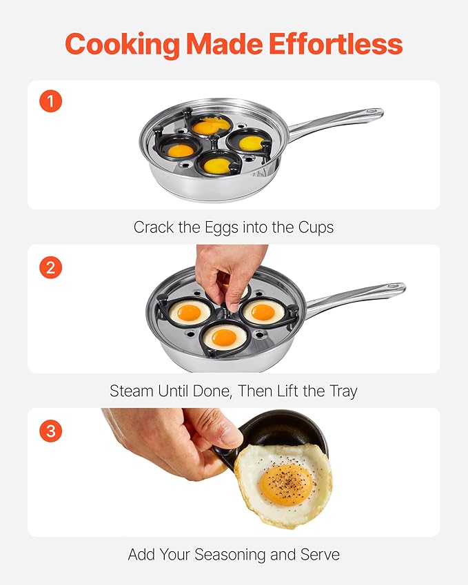 VEVOR Egg Poacher Pan, 4-Cup Poached Egg Maker, Stainless Steel Poaching Pan and Frying Skillet, with 4 Nonsitck Detachable Large Cups, Lid, and Silicone Spatula, Compatible with Induction Stovetop