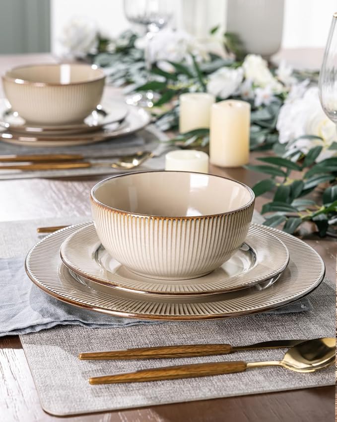 GBHOME Ceramic Dinnerware Sets,18 pcs Embossed Elegant Stoneware Plates and Bowls Sets, Housewarming Wedding Gift | Dishwasher & Microwave Safe | Dishes Set Service for 6
