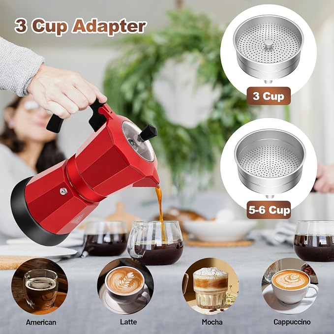 Electric Aluminum Moka Pot 3-6 Cup 150-270ml Espresso Maker with Detachable Base Ideal Coffee Makers for Home MochaPot Italian and Cuban Café Coffeemaker Espressomaker CoffeePot Red