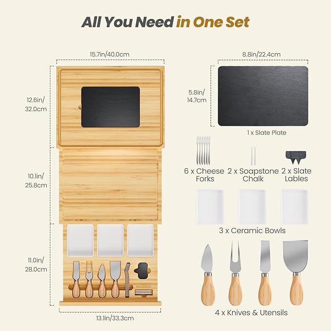 Extra Large 33.7x15.7 inch Charcuterie Boards Gift Set, 100% Bamboo Cheese Board and Knife Set, Cool Meat Cheese Platter Tray, House Warming Gifts New Home, Ideas for Women Mom