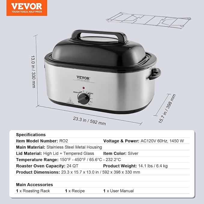 VEVOR Electric Roaster Oven with Defrost & Warm Function, 24 QT Turkey Roaster Oven with Self-Basting Lid, 1450W, Adjustable Temp, Removable Pan & Rack, Fits Turkeys Up to 28LBS, Silver