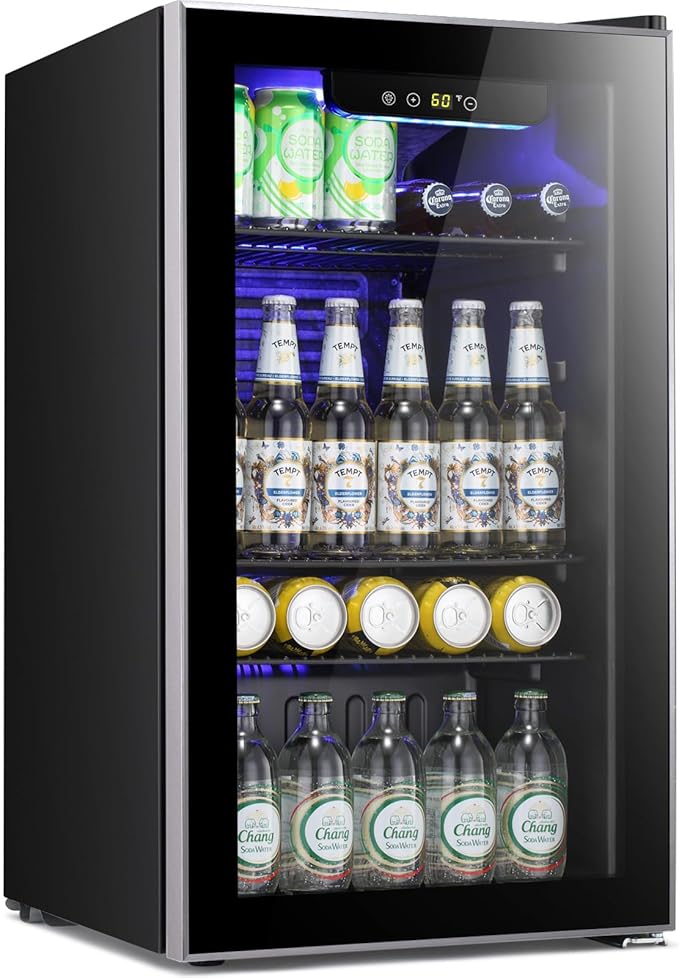 Antarctic Star Mini Fridge -130 Can Beverage Refrigerator CoolerGlass Door for Soda Beer or Wine Constant Glass Door Small Drink Dispenser for Home, Office Bar 3.2cu.ft