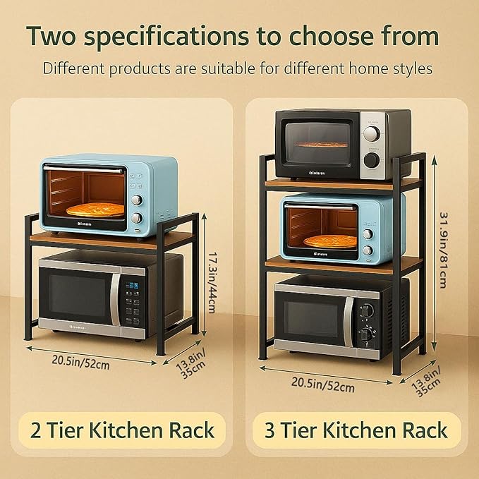 3-Tier Heavy Duty Microwave Stand, Carbon Steel Kitchen Shelf Countertop Organizer, Holds Up to 200 lbs, Space Saving Microwave Oven Rack for Kitchen Storage, Fits Most Microwaves (20.5" Width)
