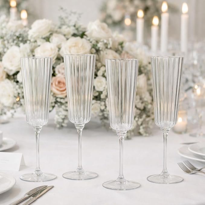 Jingmore 24 Pcs Plastic Ribbed Champagne Flutes With Stem, 6.4 oz Clear Vintage Disposable Champagne Glasses for Wedding Birthday Anniversary (Clear)