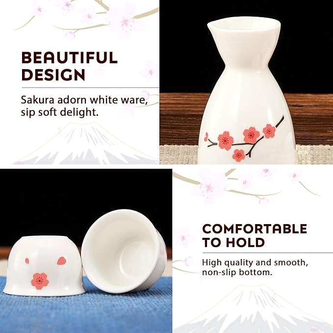 DUJUST 5 pcs Japanese Sake Set, Traditional Sakura Design Sake Serving Set, 1 Sake Bottle with 4 Sake Cups, Japanese Style Sake Set for Home/Party, Ideal Japanese Gifts for Sake Lovers - White