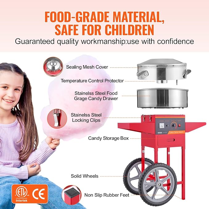 VEVOR Electric Cotton Candy Machine Cart, 1000W Commercial Floss Maker w/Stainless Steel Bowl, Sugar Scoop and Drawer, Perfect for Home, Carnival, Kids Birthday, Family Party, Red