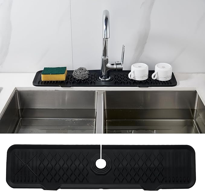 Kitchen Sink Splash Guard 24inch Black Silicone Draining Mat Dish Drying Mats Sponge Holder and Bathroom Countertop Protect Kitchen Sink Splatter Screen