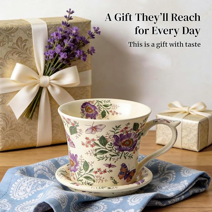DOWAN 14 OZ Tea Cup & Saucer Set, Ceramic Coffee Mug with Lid, Cappuccino/Latte Cup, Floral, Perfect Self‑Care or Gift for Friends, One Set