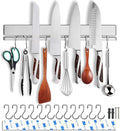 17 Inch Magnetic Knife Holder for Wall No Drill/Drill with 12 Hooks-Strong Adhesive Double Bar Knife Magnetic Strip-Kitchen Utensil Holder-304 Stainless Steel Magnetic Knife Block