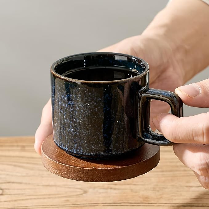 LUKA Porcelain Stackable Espresso Cups with Saucers and Metal Stand, 4 Ounce Small Ceramic Demitasse Cups Set for Latte, Specialty Coffee Drinks, Cafe Mocha,Tea - Set of 4, Reactive Blue