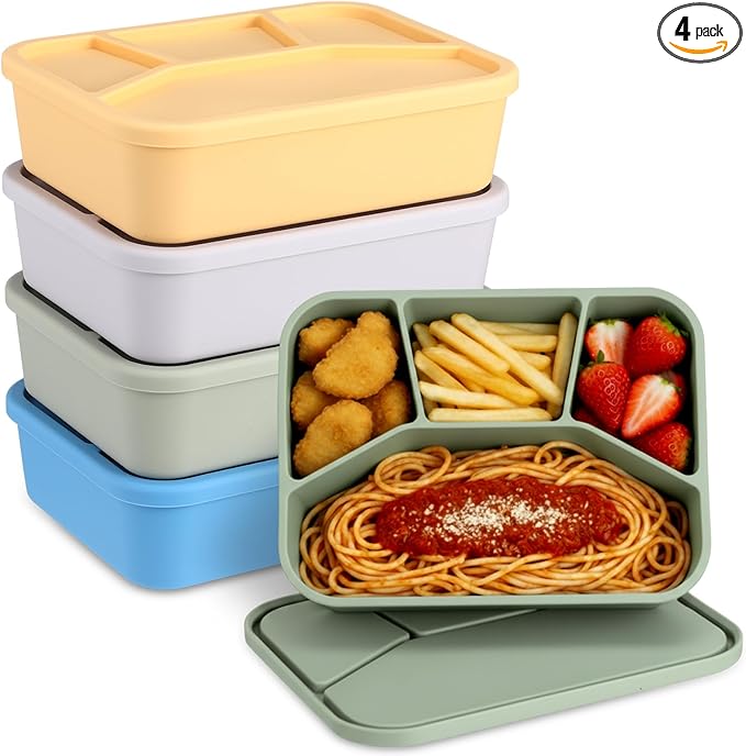 Honeydak 4 Pcs Silicone Bento Box Reusable Lunch Container 4 Compartment Snack Boxes with Lid Smooth LeakProof Rectangle Food Boxes for Adult Work Travel Food Storage (Cute Color)