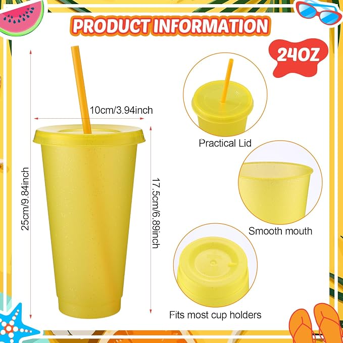 Honeydak 15 Pack Tumbler with Straw and Lid Bulk Cups for Gifts Glitter Plastic Coffee Cups 24-27 oz Reusable Water Bottle Iced Coffee Travel Mug Party Favors for Birthdays Travel (Yellow)
