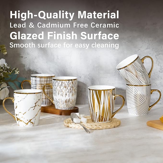 ONEMORE Coffee Mugs 18oz - Gold-Plated Ceramic Mugs for Latte, Hot Tea, Cappuccino, Mocha, Cocoa - Luxury Gold Trim Mug Set of 6, White & Gold, Multicolored