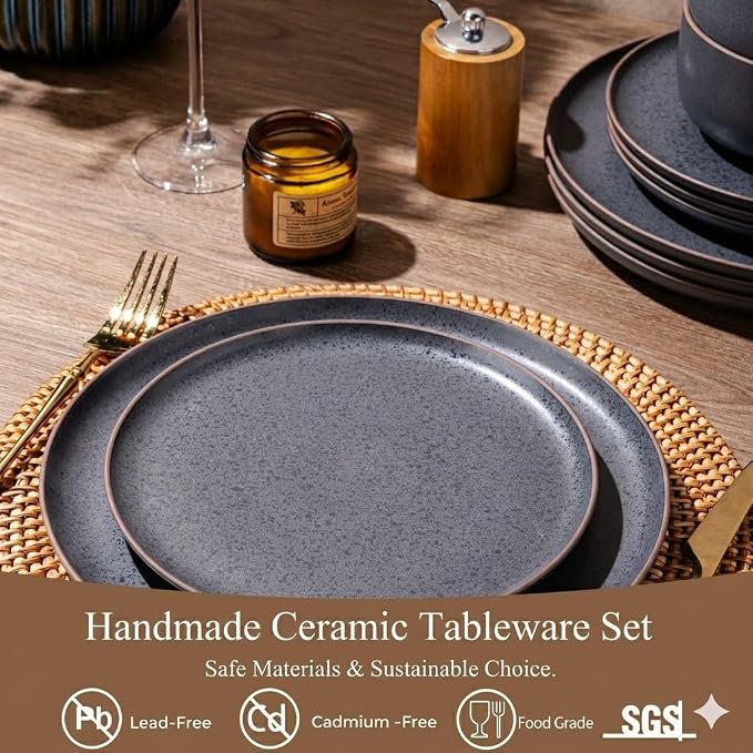 LERATIO Stoneware Dinnerware Sets for 6,Handcarft Ceramic Plates and Bowls Sets,Chip and Scratch Resistant Dishes, Dishwasher & Microwave Safe, Oven safe,Reactive Glaze-Speckled Ashen