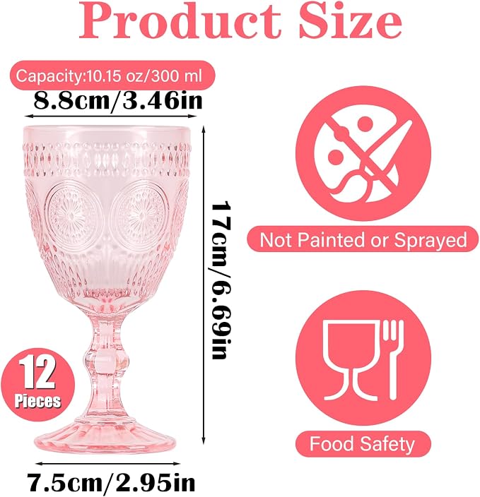 Pack of 12 Glass Goblets Wine Glassware, 10 oz, Pink | Wine Glasses, Not Dishwasher Safe,Wedding Glass Set, Embossed Drinking Glasses Cups for Thanksgiving Wedding Party Bar