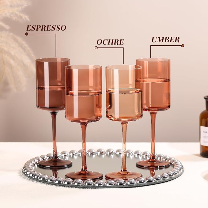 Brown Colored Square Wine Glasses Set of 6, 14oz【Hand Blown】 Amber Crystal Venus Wine Glasses with Long Stem - Melanin Wine Glasse Gifts for Christmas Home Dinner Party