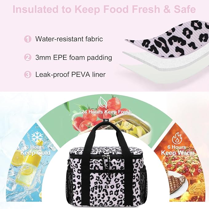 BTOOP Insulated Lunch Box for Women, Cute Corduroy Lunch Bag with Shoulder Strap, Leakproof Wide-Open Lunch Tote for Work, Office, School, Picnic, Pink-Leopard