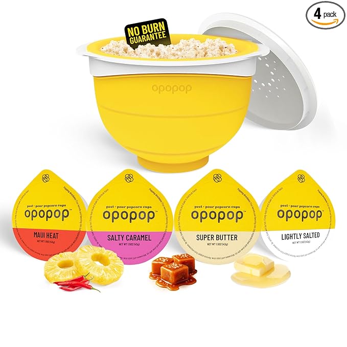 Opopop Microwave Popcorn - Variety 4-Pack Gourmet Popcorn Kit, Collapsible Silicone Popcorn Popper, Popcorn Maker, Gluten Free Snacks Variety Pack, BPA-Free and Dishwasher Safe (New Flavors)