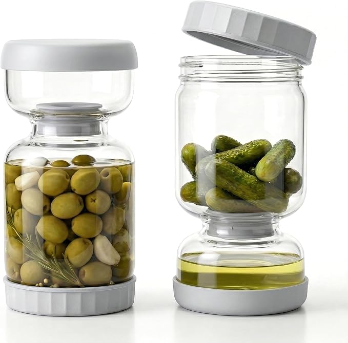 Pickle Jar for Pickle Olive Hourglass Jar, Auto Separator Juice 2 Pack Grey | Glass Pickle Jar Body, ABS Lid and BPA Free for Airtight Food Storage, Pickle Jar 2 Pack Grey