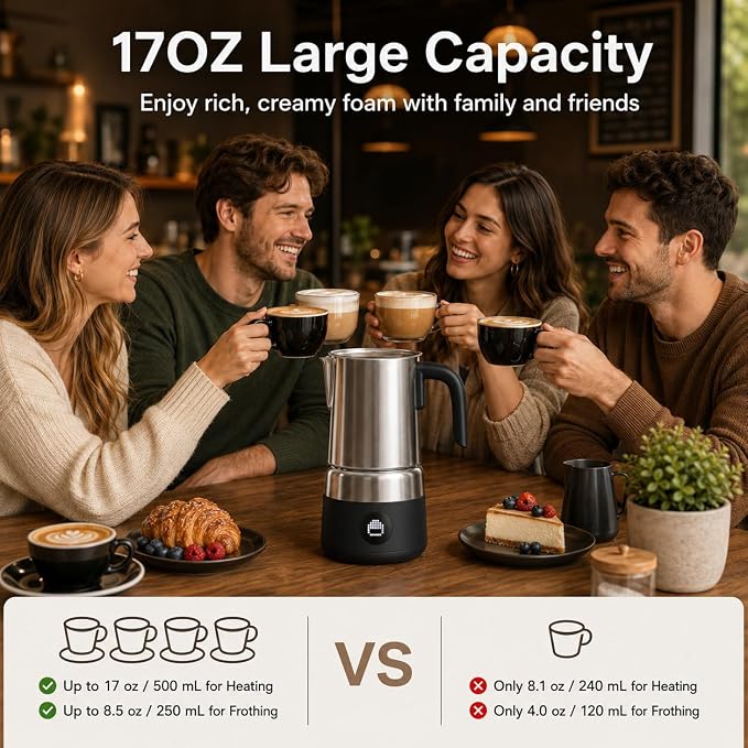 AMZCHEF Milk Frother and Steamer, Electric Automatic Hot and Cold Foam Maker with 600W, 17oz Stainless Steel Pitcher & LED Display, 8-in-1 Milk Frother for Latte, Cappuccino, Macchiato, Hot Chocolate