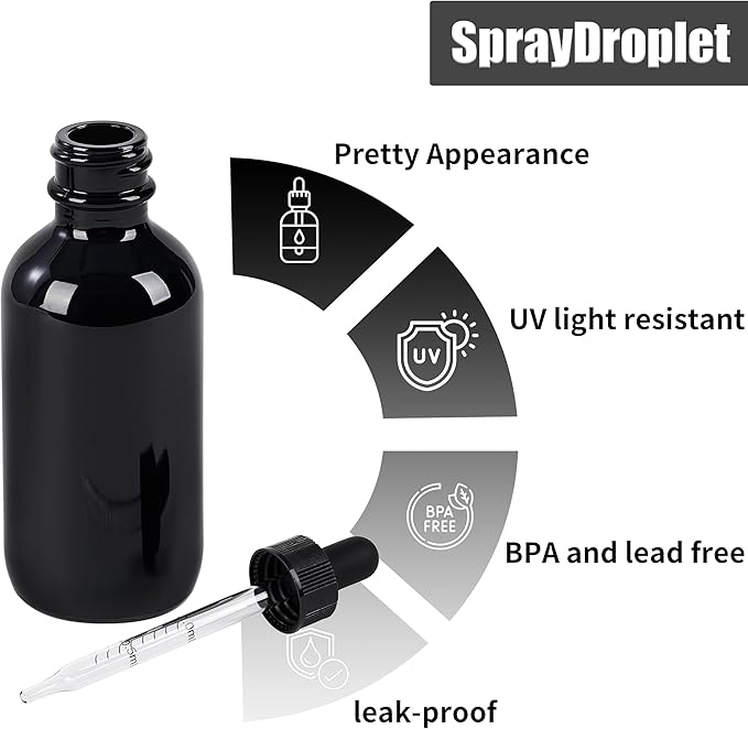 48 Pcs, 2oz Glass Dropper Bottle, Leakproof Tincture Bottles with Dropper, Black Reusable Eye Dropper Bottle, for All Kinds of Liquids (Black,2oz-48pcs)