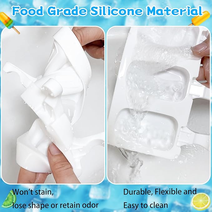4 Set Silicone Popsicle Molds 4 Cavities Ice Cream Oval Cake Molds with 200 Sticks, Reusable Ice Pop & Cakesicle Mould for Kids, DIY Frozen Treats, Summer Snacks, Parties Favors, Easy Release (White)