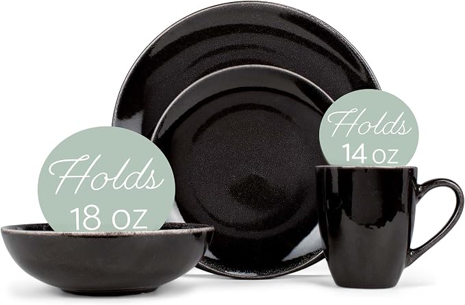 Elanze Designs Reactive Glaze Stone Ceramic Plates Bowls Mugs Classic Dinnerware 16 Piece Set - Service for 4, Black